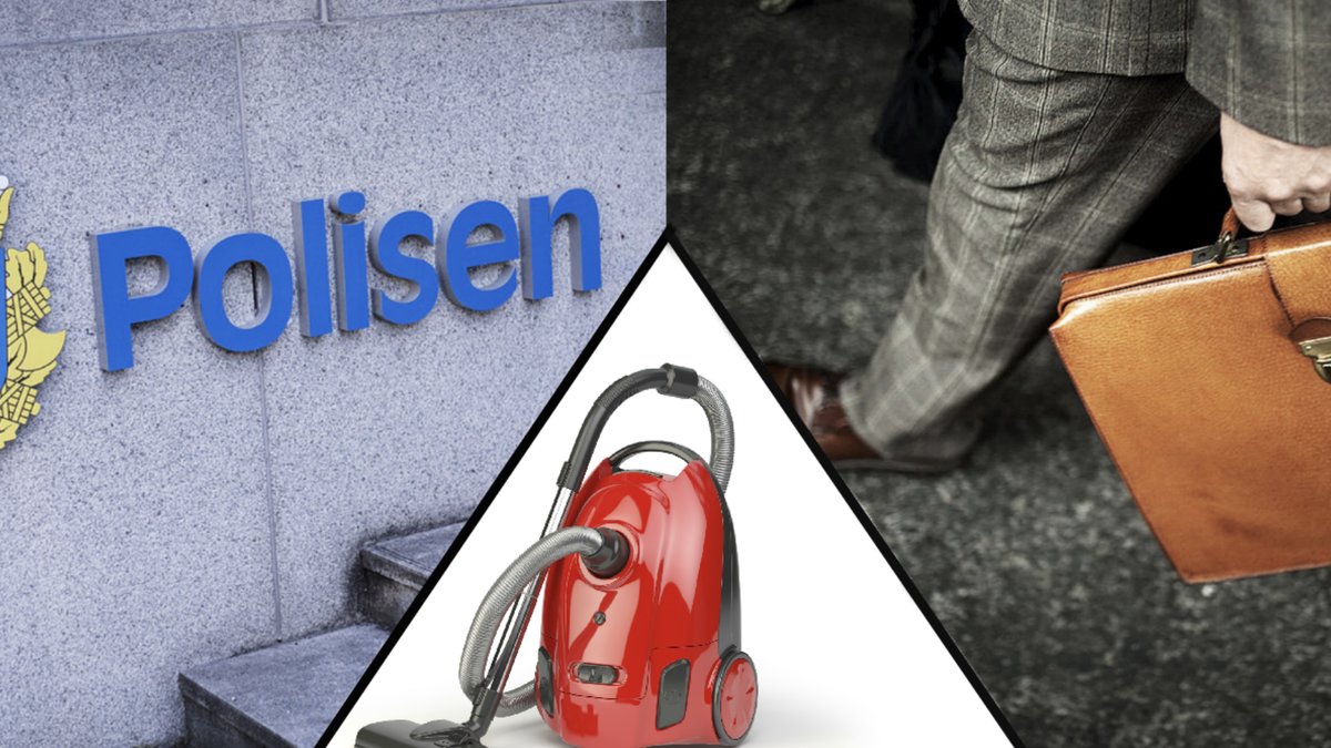 Dammsugare, polisen, portfölj. 