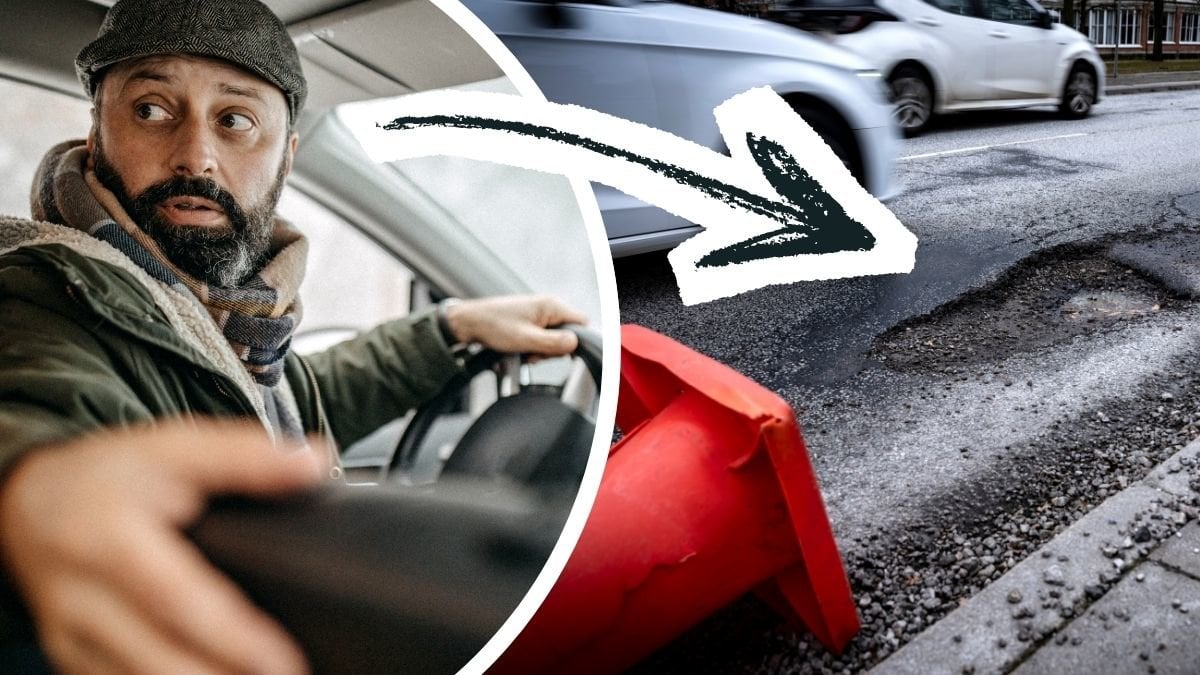 Man kör bil och potthål i vägen