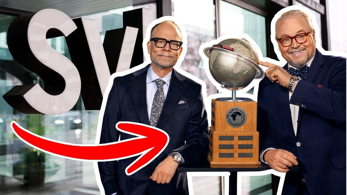 SVT-logga på fasad och Kristian Luuk och Fredrik Lindström