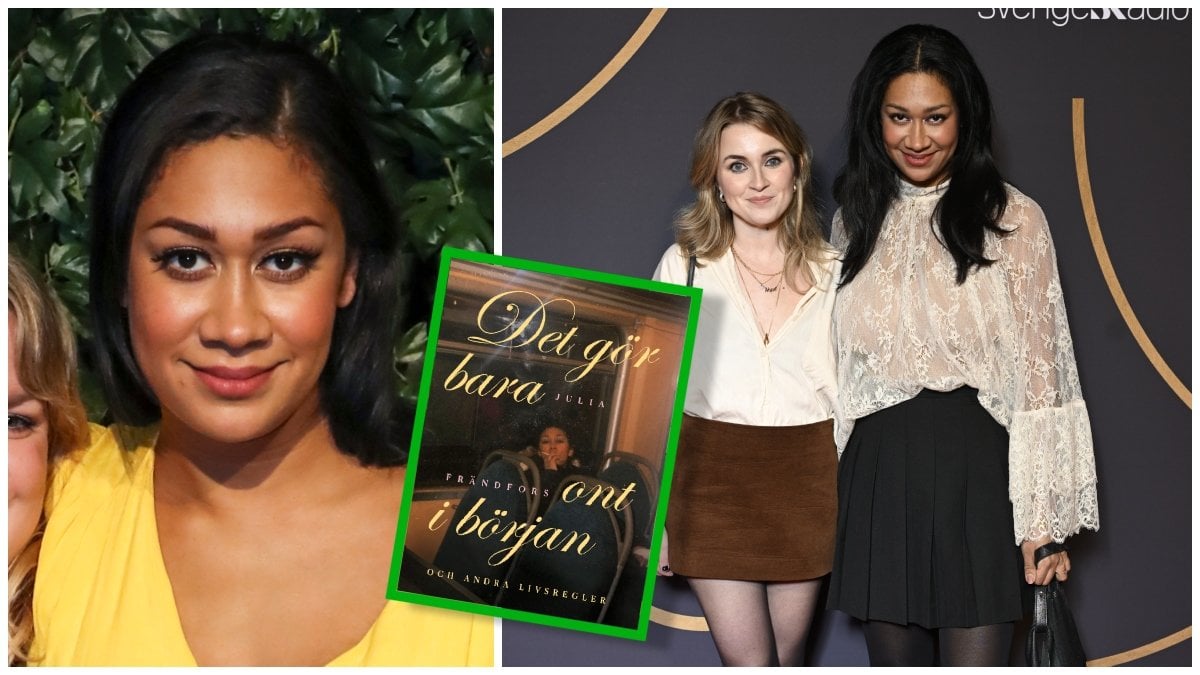 Julia Frändfors, omslaget till boken Det gör bara ont i början: och andra livsregler samt Julia Frändfors med Irena Pozar