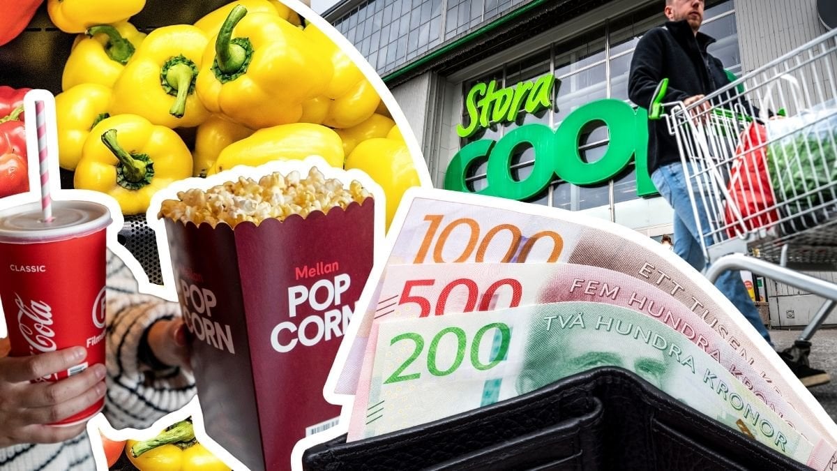 Popcorn, paprikor, Coop-butik och svenska sedlar i en plånbok