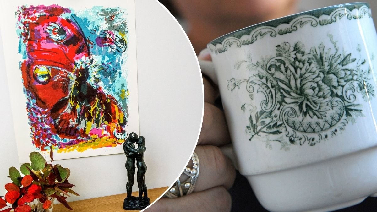 Bilder på kaffekopp och konst.
