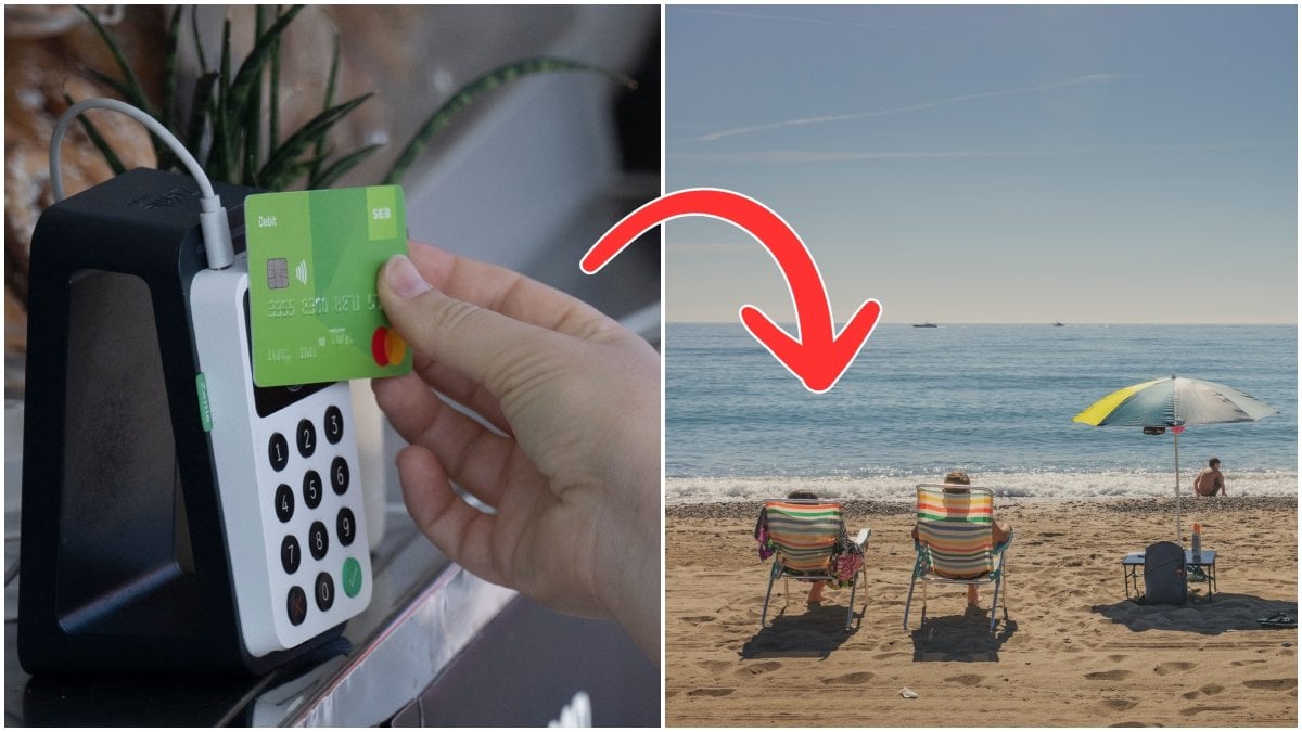 Betalkort och betalterminal och turister på stranden i Marbella
