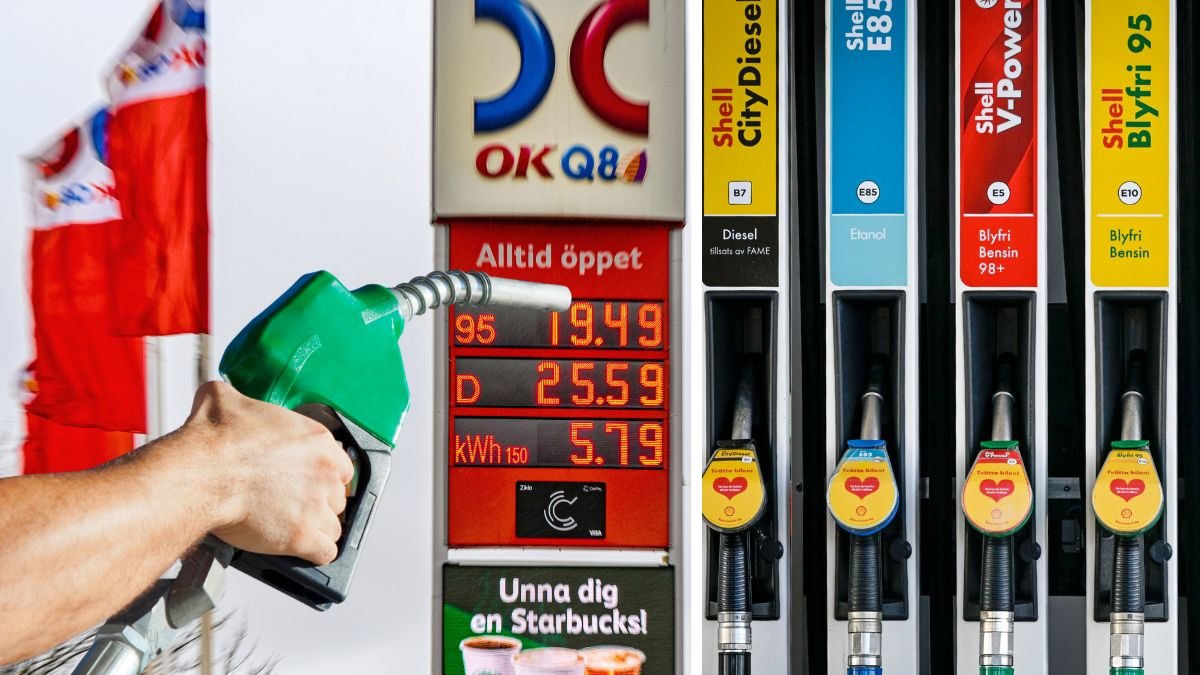 Bensin på en bensinmack och pumpar med diesel och bensin.
