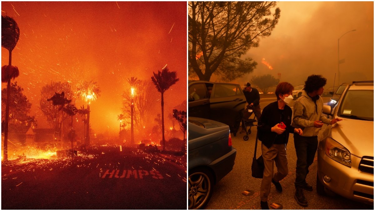 Människor flyr nu undan katastrofen i Los Angeles som bränderna för med sig.