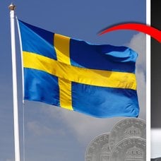 Sverigeflagga och mynt. 