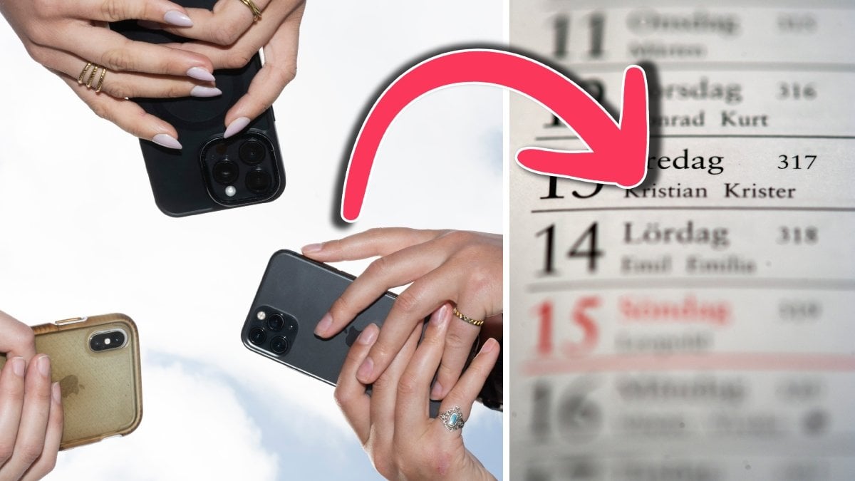 Tre personer håller i mobiltelefoner och en almanacka som zoomar in på fredag den 13.