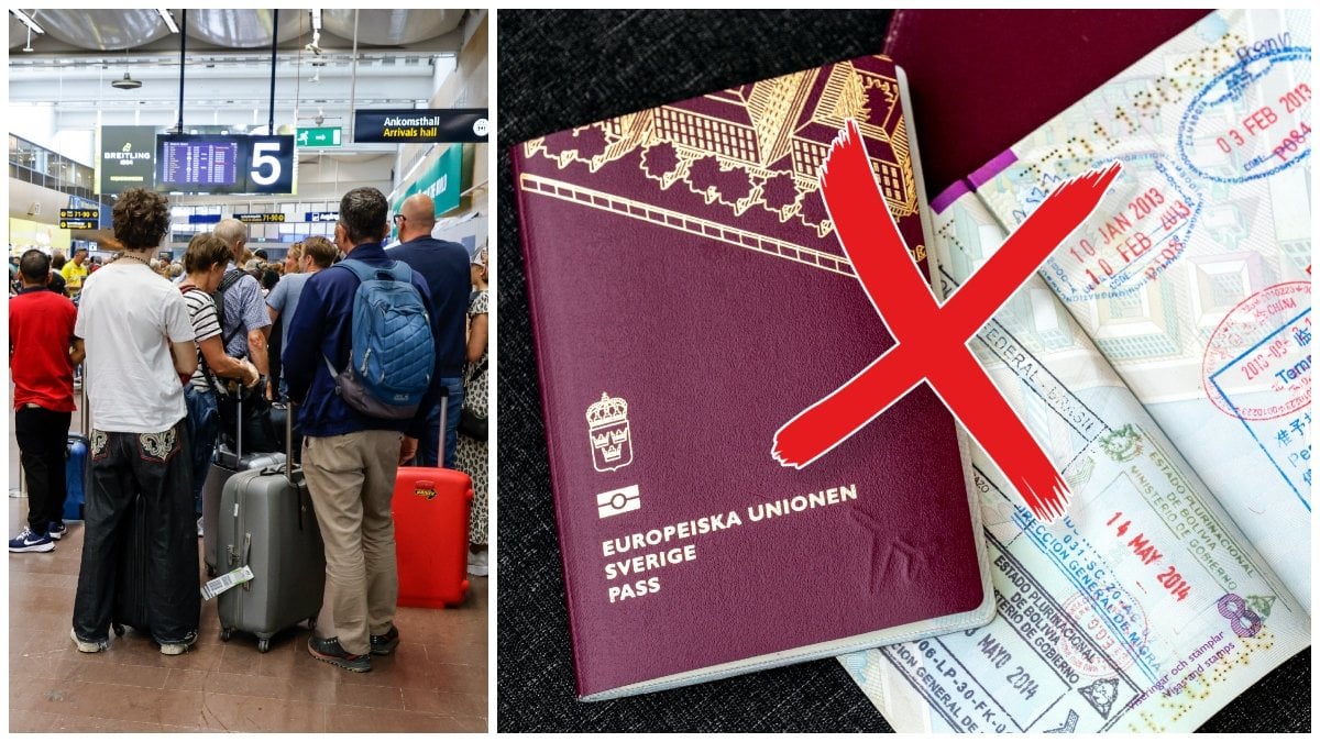 Resenärer på flygplats och ett svenskt pass