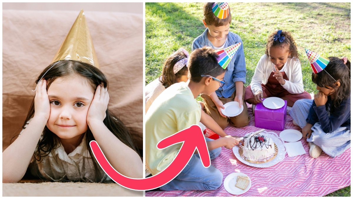 Flicka med partyhatt och flera barn på en picknickfilt