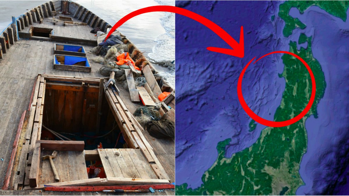 Bild på ett bart skeppsdäck i trä, bredvid en karta över norra Japan med provinsen Akita inringad. 