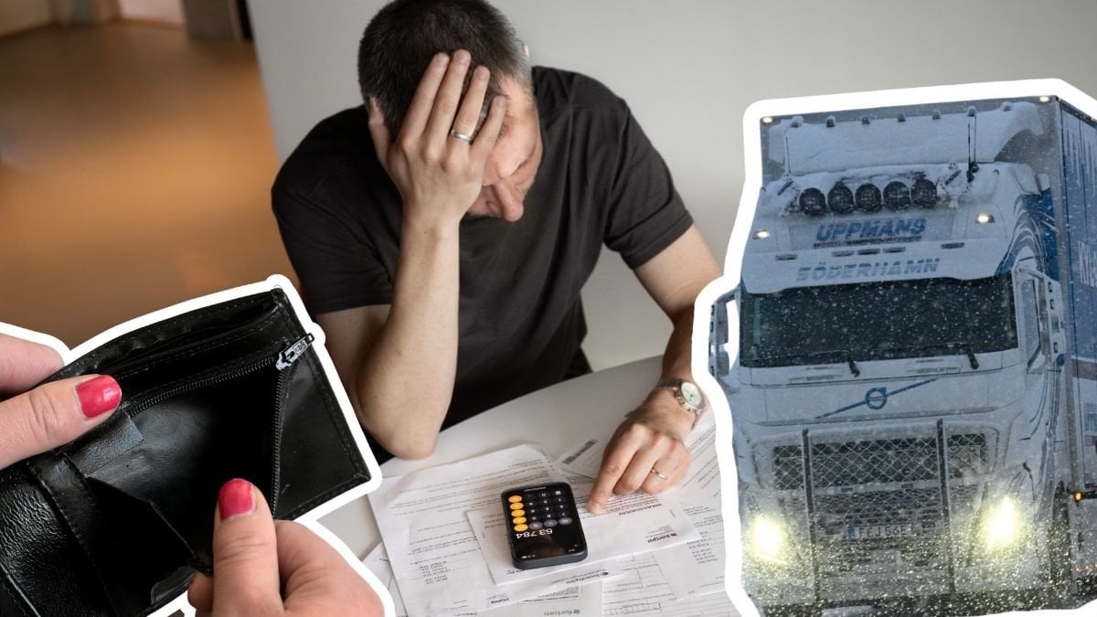 En tom plånbok, en bekymrad man med räkningar och en lastbil.