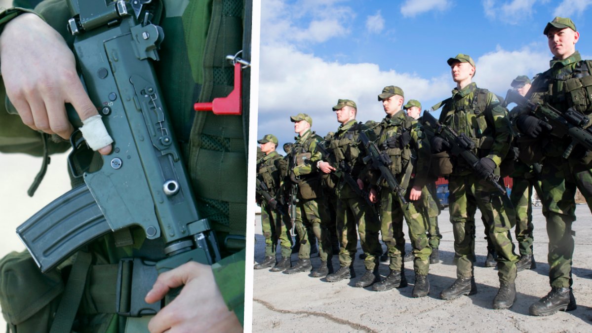 Ett laddar vapen och värnpliktiga på led. Kollage. 