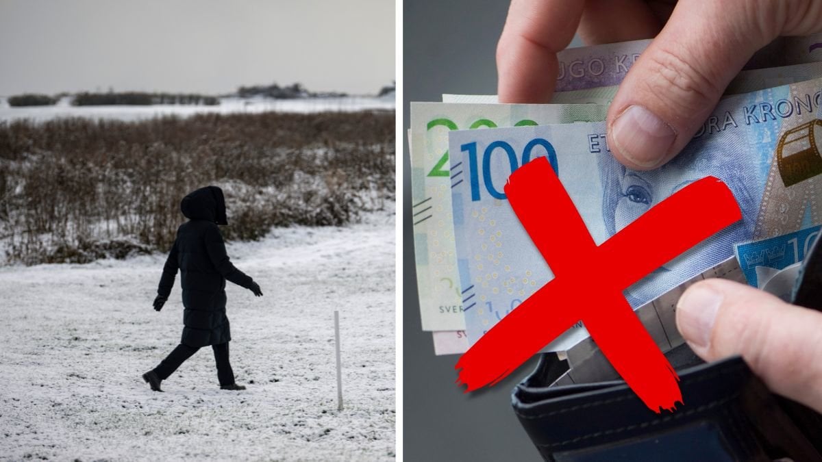 Kvinna går i snön och plånbok.