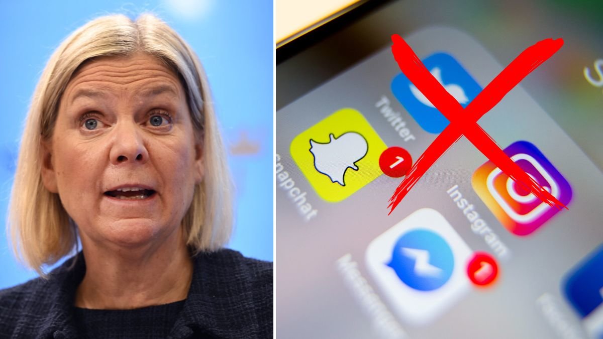 Magdalena Andersson (S) till vänster. Sociala medierappar till höger. Stort X över apparna. 