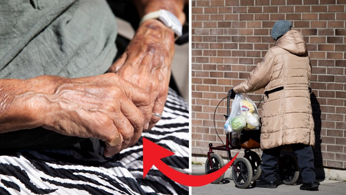 Pensionär och äldre dam som har handlat mat.