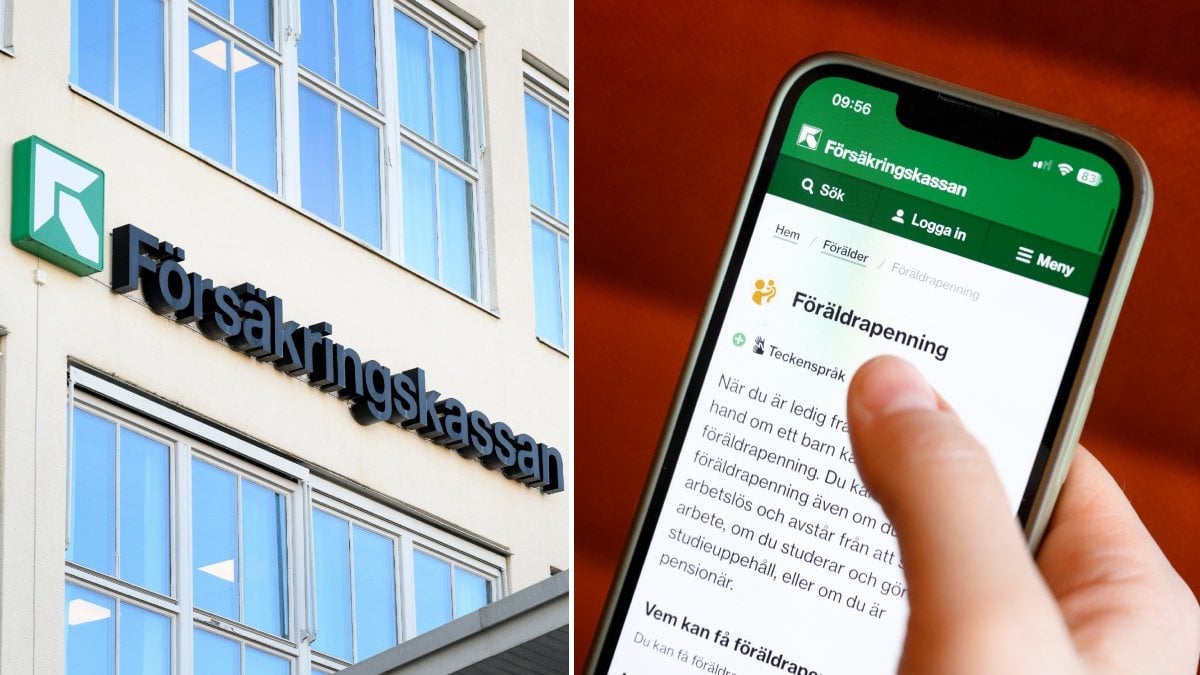 Försäkringskassans logga på fasad och mobil inne i myndighetens app. 