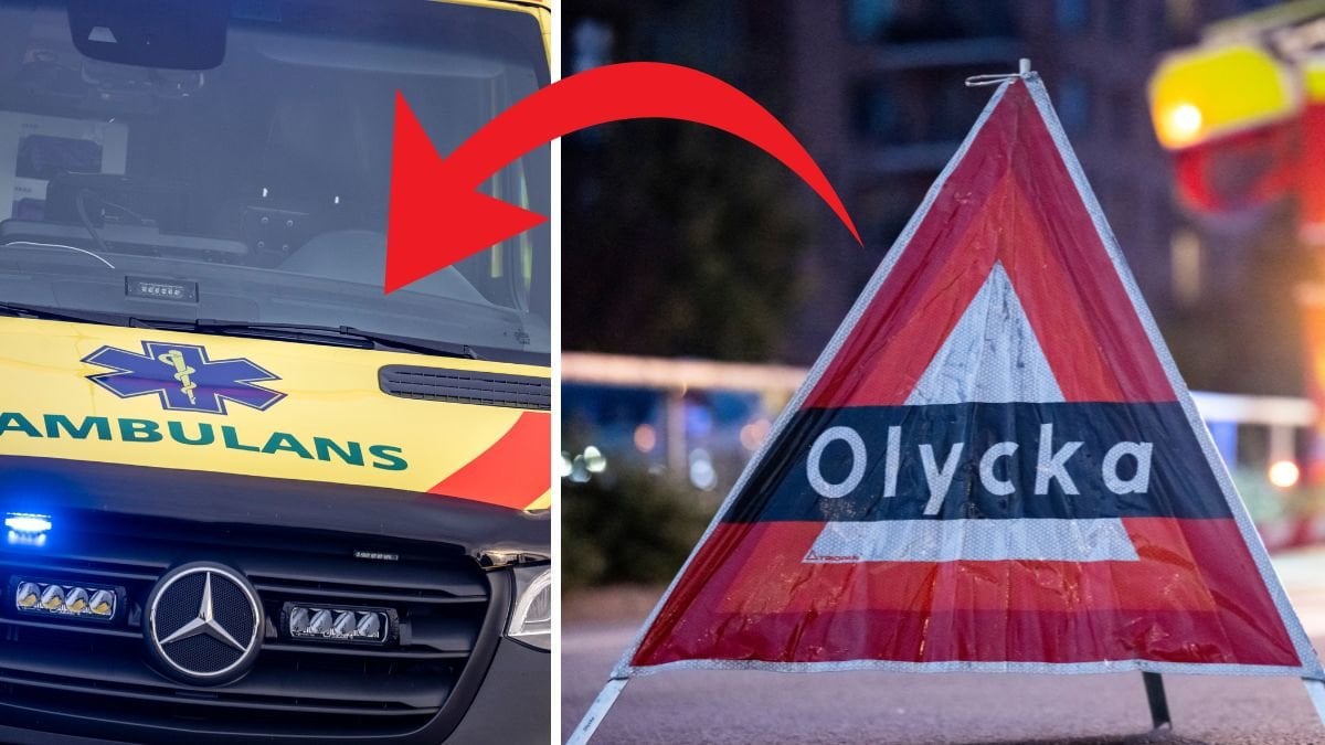 Ambulans vänster, skylt där det står Olycka till höger.