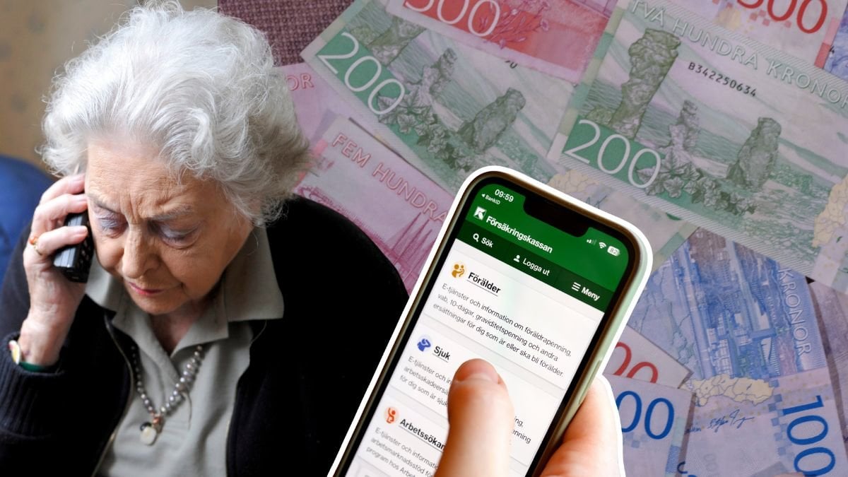 Kvinna, mobiltelefon och pengar.