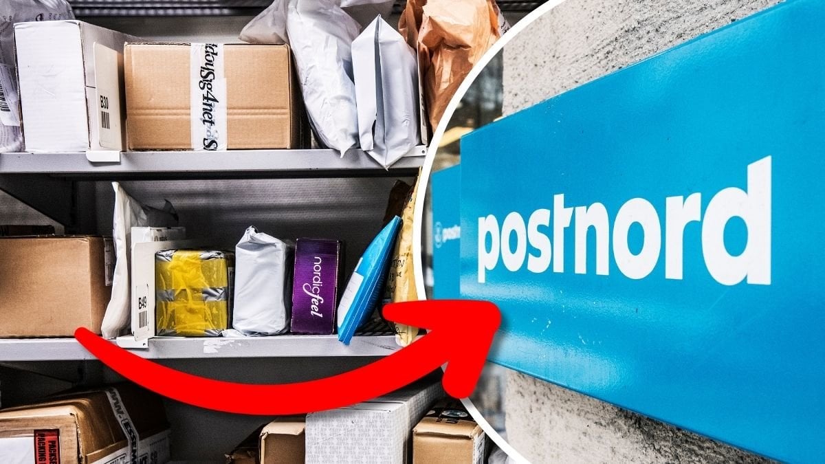 Paket hos ombud och Postnords skylt på en fasad