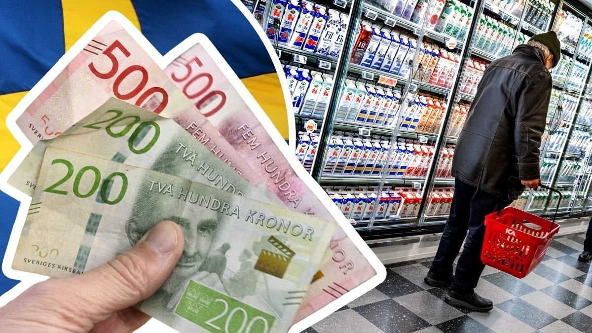 Svenska sedlar, Sverige-flagga och man med kundkorg i matbutik