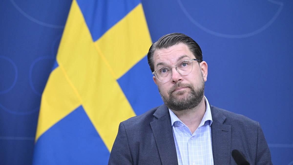 Jimmie Åkesson under en presskonferens.