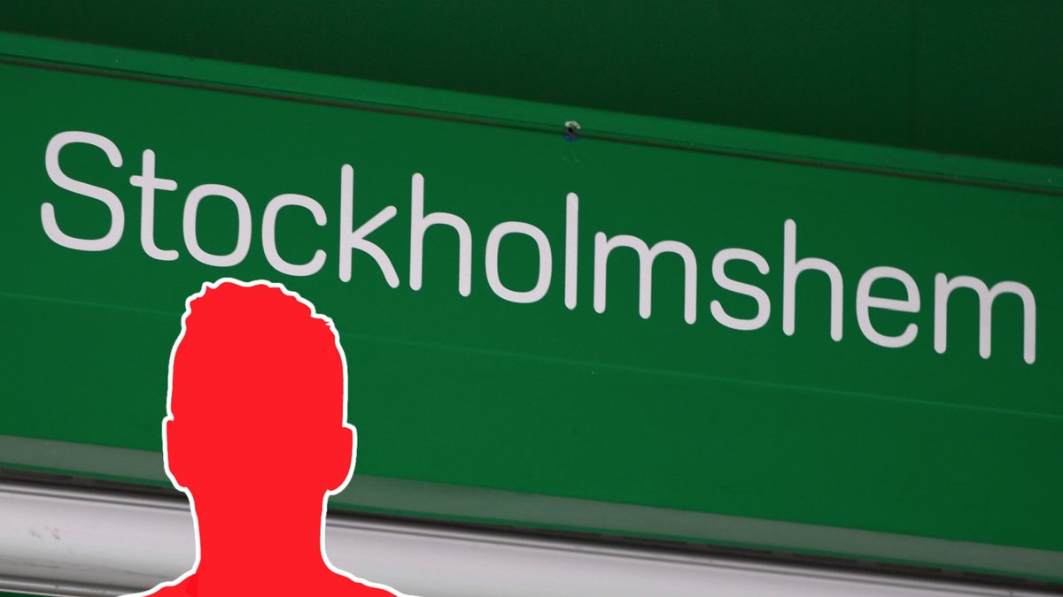 Röd manlig silhuett framför Stockholmshems logga