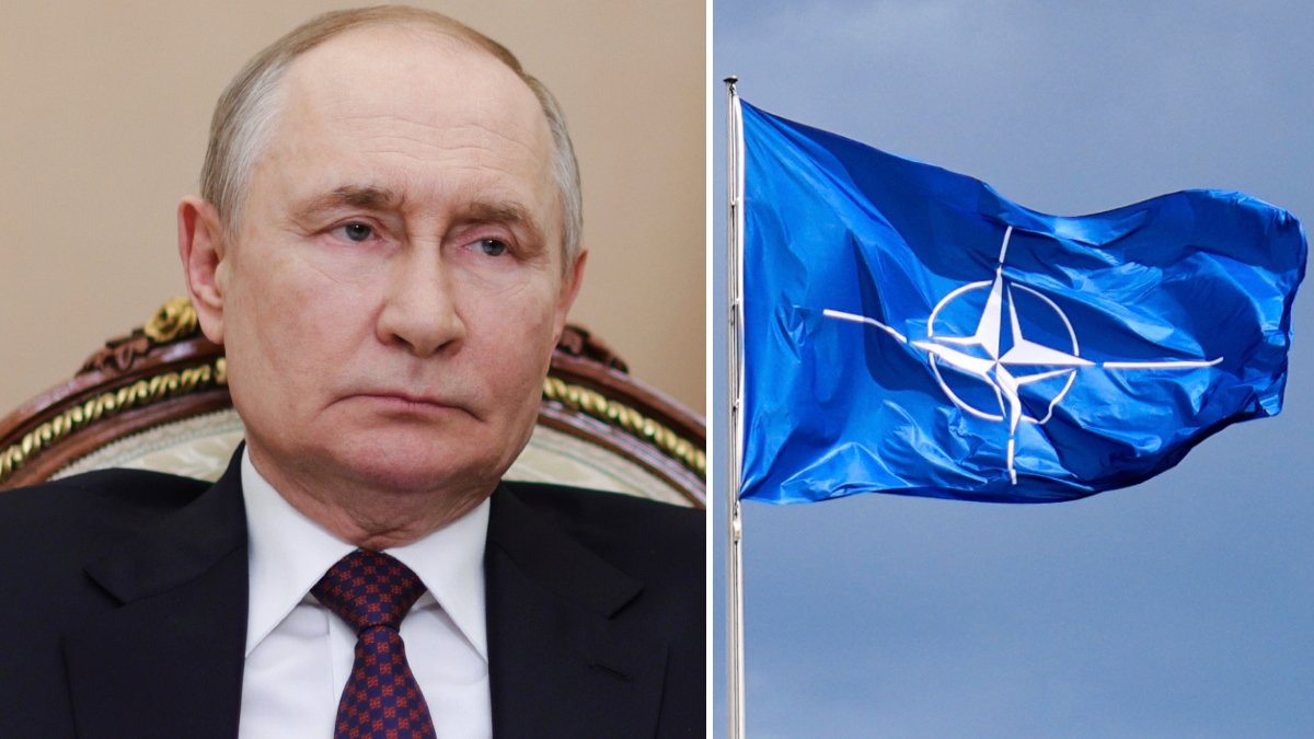 Bild på Putin och en Nato-flagga.