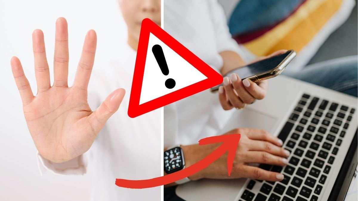 Person håller uppe handen till vänster. Person sitter på datorn till höger. Röd pil pekar på datorn. Varningskylt i mitten.