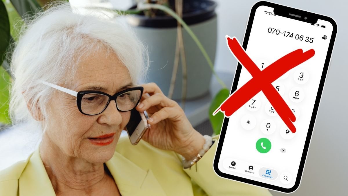 Äldre kvinna som pratar i mobiltelefon och en mobiltelefon med numret 070-1740635 inslaget