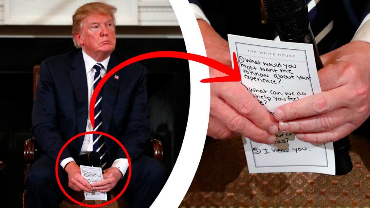 Donald Trump håller en lapp – till höger lappen inzoomad