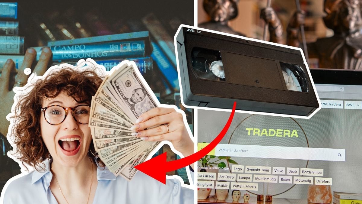 VHS-kassetter i en hylla till vänster. Datorskärm med Tradera på till höger. Utklippt VHS-kassett till höger. Utklippt bild på kvinna med kontanter i handen till vänster. En röd pil pekar på kvinnan från VHS-kassetten.