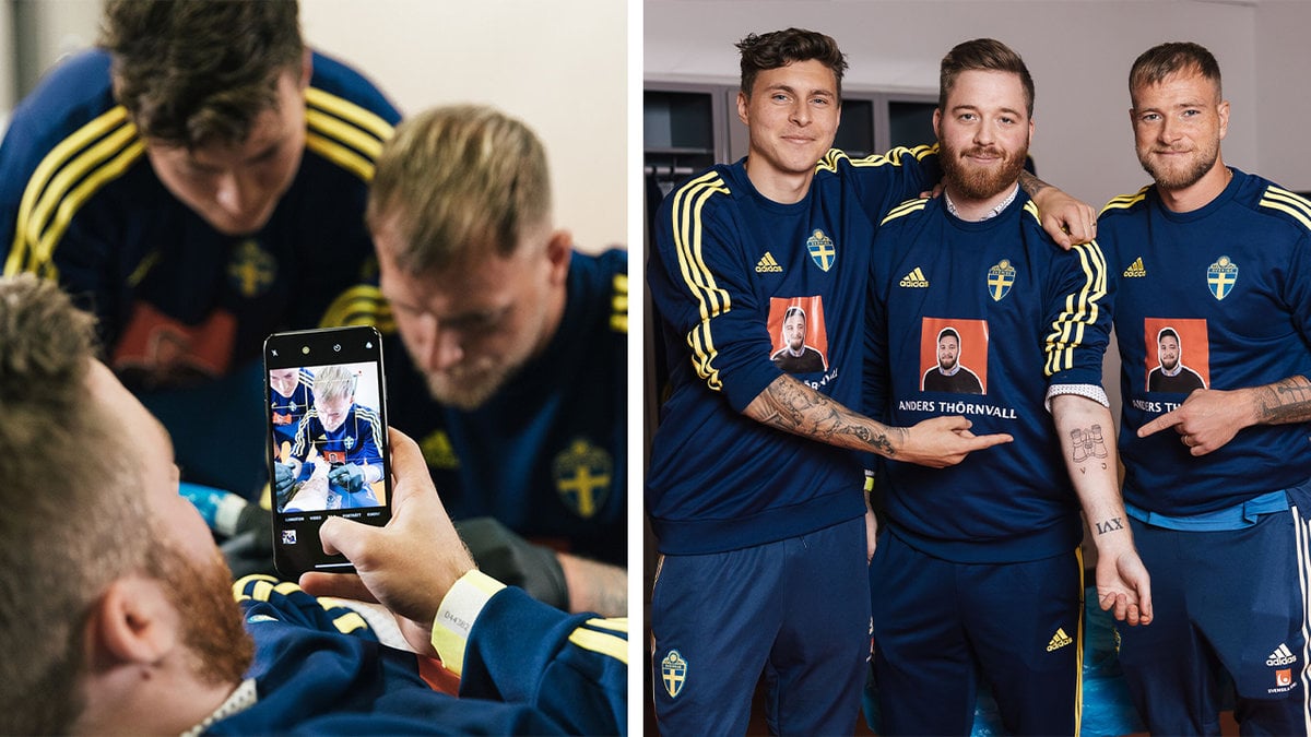 Victor Nilsson Lindelöf och John Guidetti tatuerar en supporter.