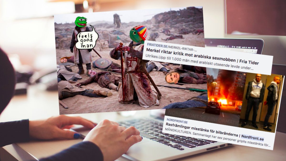 En person sitter vid en dator. Över bilden är inklippta rubriker från rasistiska sajter. 