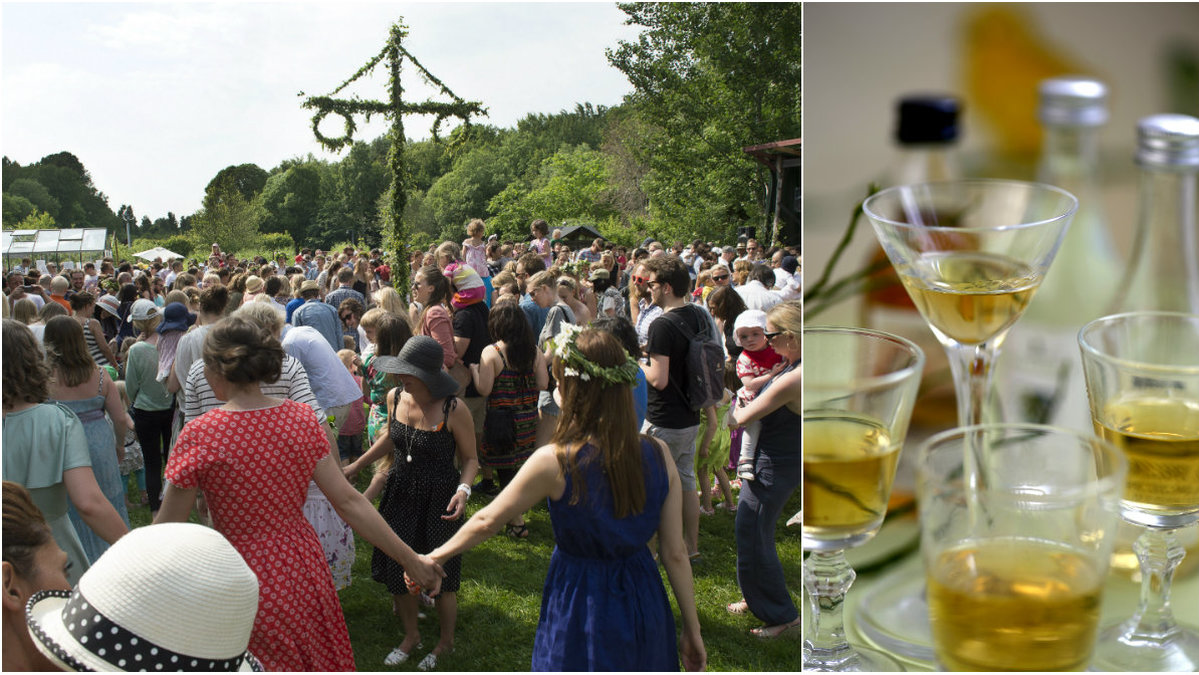 Folk dansar runt en midsommarstånd. Glas med alkohol i.