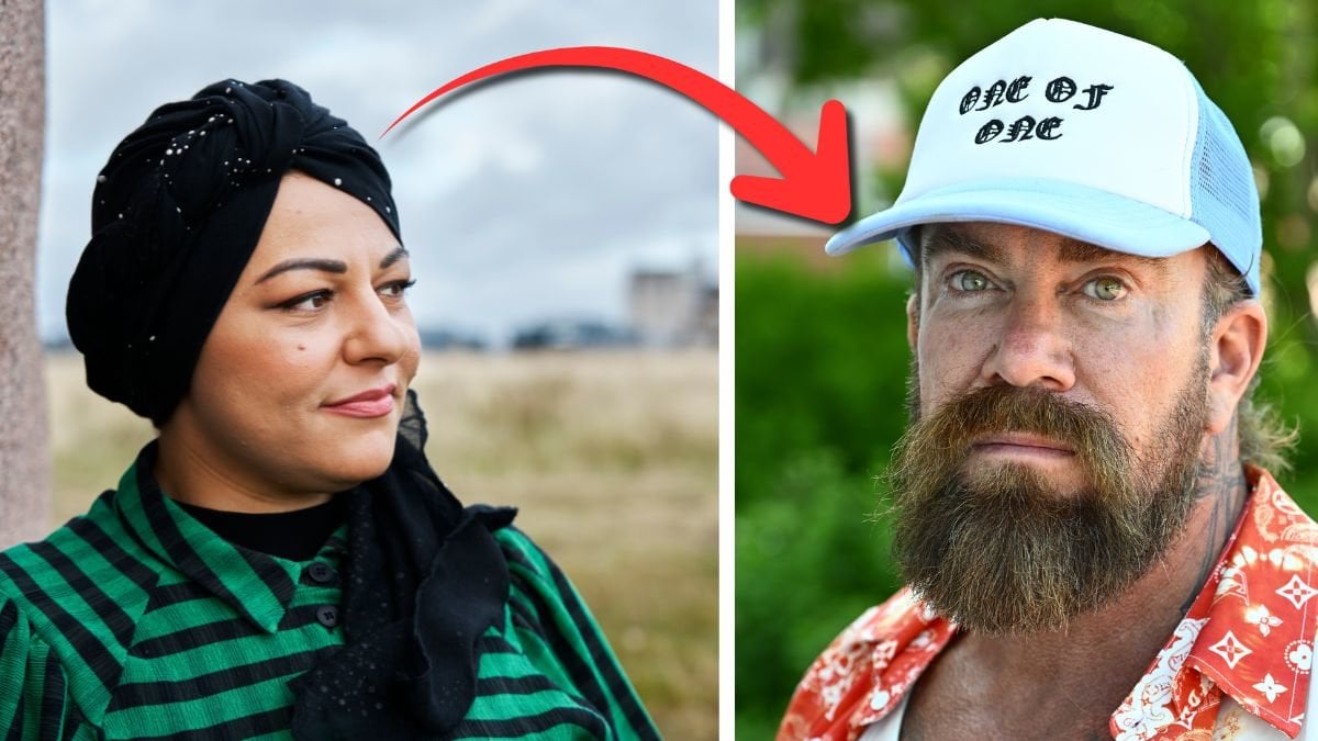 Zeina Mourtada til vänster. Jan Emanuel till höger. Röd pil pekar från Mourtada till Emanuel. 