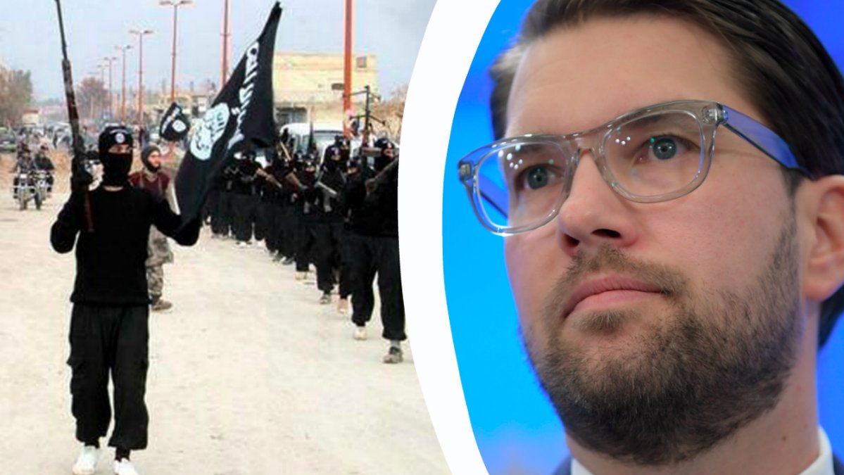En IS-marsch och Jimmie Åkesson. Kollage. 