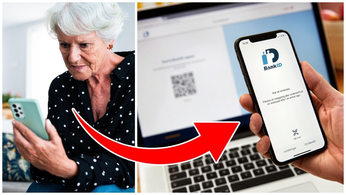 Kvinna som tittar på mobiltelefon och en mobiltelefon som ska scanna av en QR-kod från BankID.