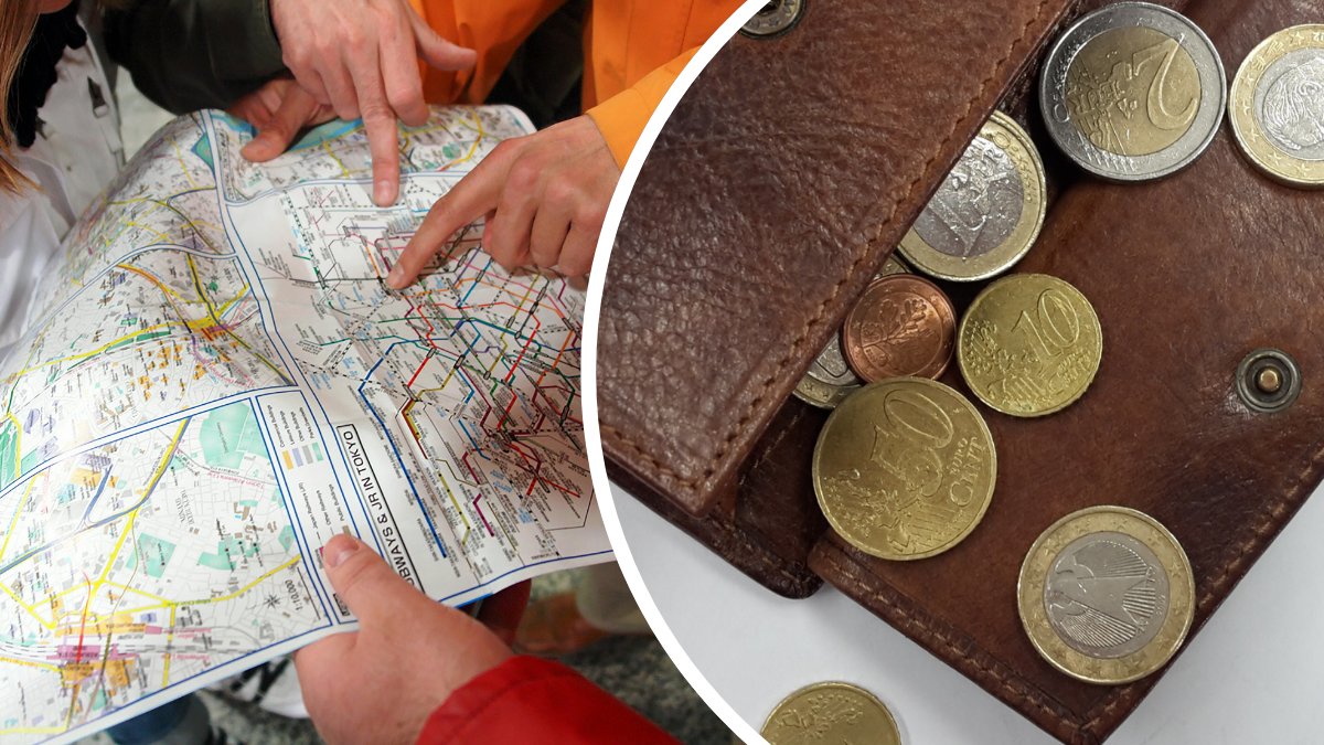 Personer håller i en karta vänster. En plånbok med mynt i höger.