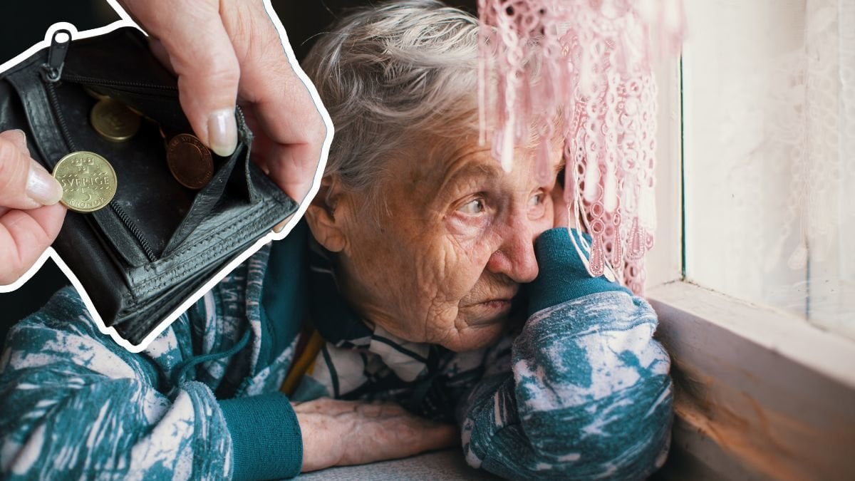 Kvinna som tittar ut genom ett fönster, plånbok med mynt