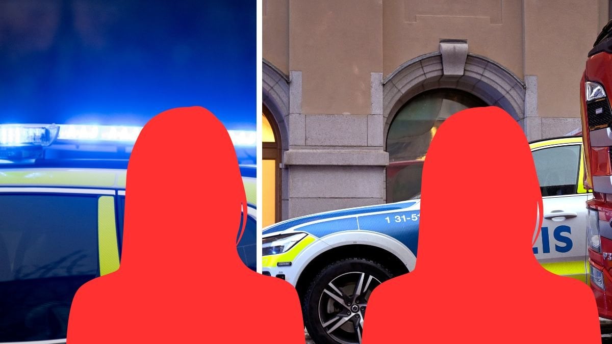 Blåljus vänster, polisbil höger. Två utklippta röda siluetter av kvinnor i mittten.
