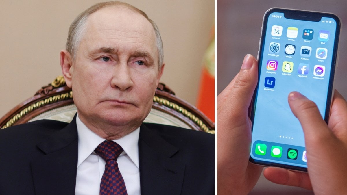 Bild på en Iphone och Putin.