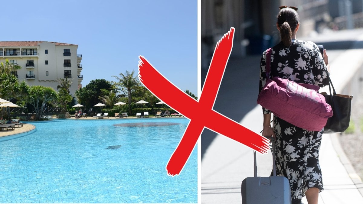 Bilden till vänster visar ett hotell i Okinawa i Japan. Bilden till höger visar en kvinna bakifrån med resväskor och packning.