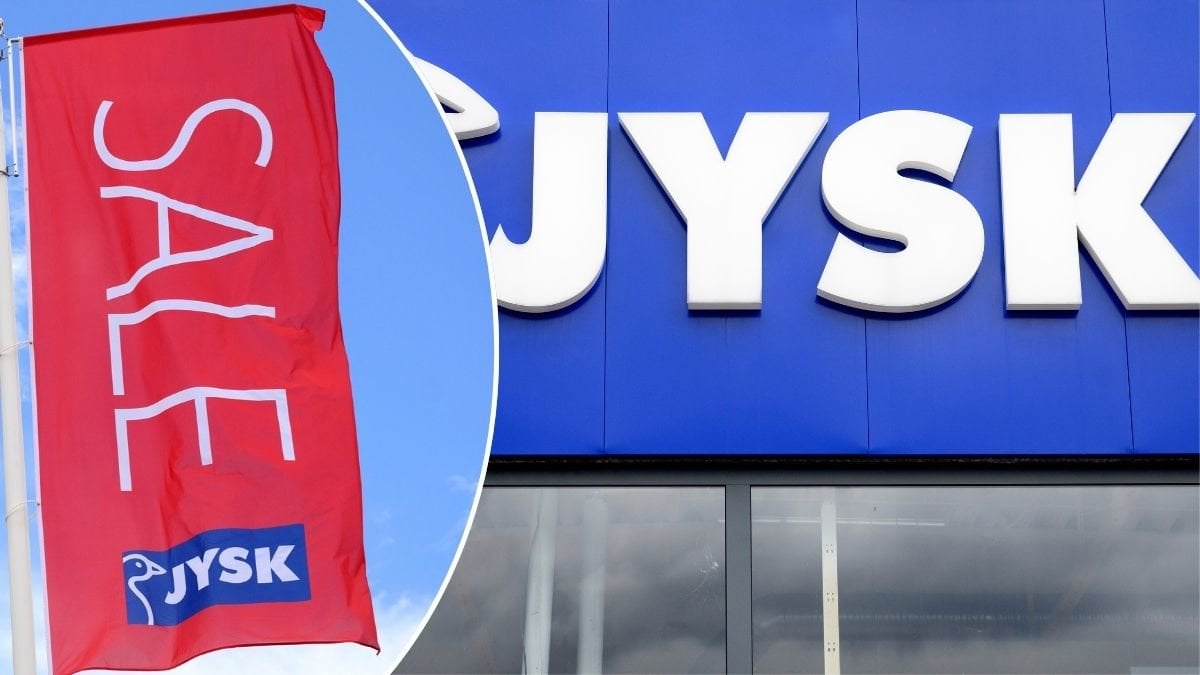 Bilder på Jysk entré och en Jysk-flagga.