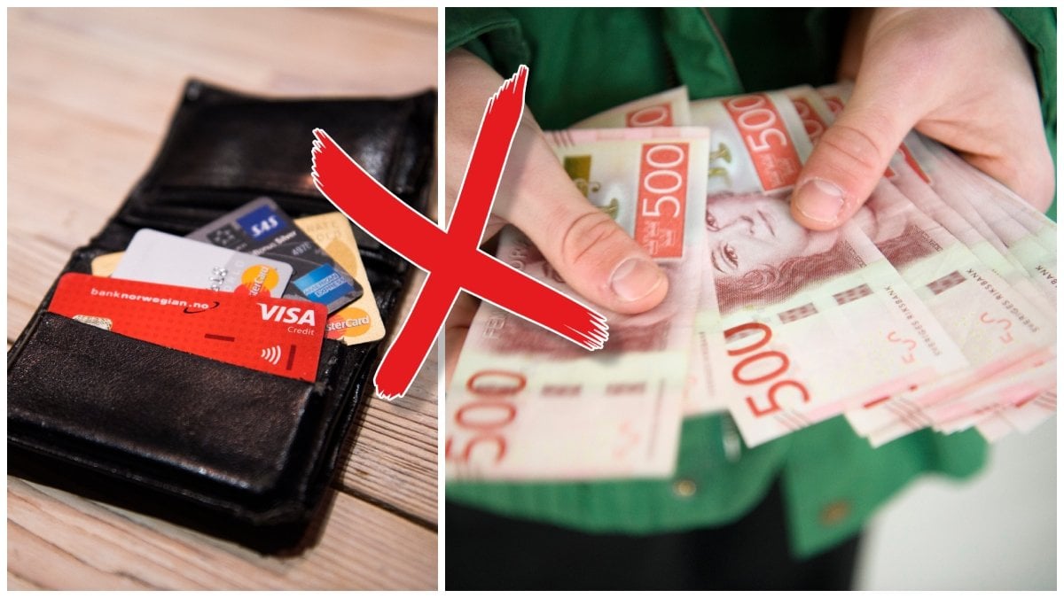 Plånbok med kort och en person med femhundralappar i händerna