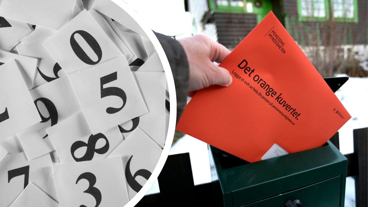 Siffror vänster. Ett oranget kuvert från Pensionmyndigheten läggs i en brevlåda höger.