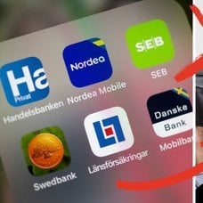 Mobilskärm med olika bankappar till vänster. En man som öppnar en tom plånbok höger.