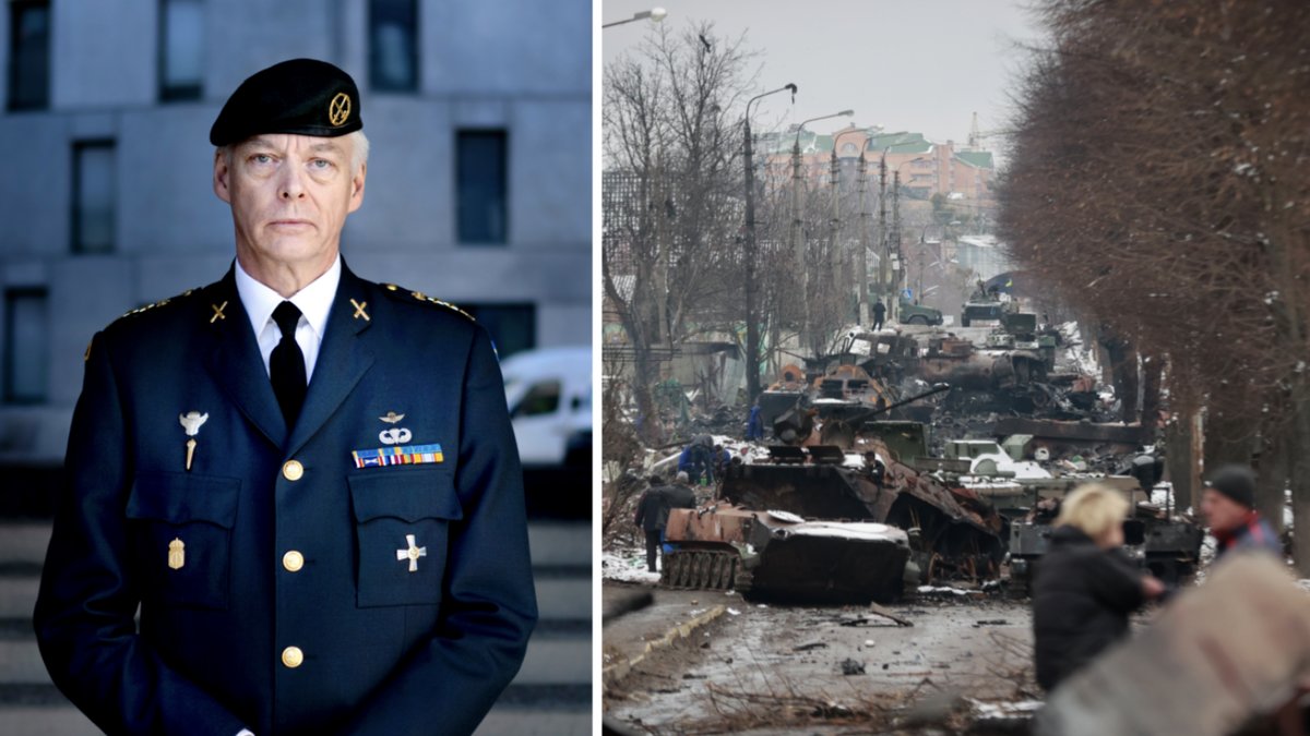 Överstelöjtnant Joakim Paasikivi och bild från kriget i Ukriana.