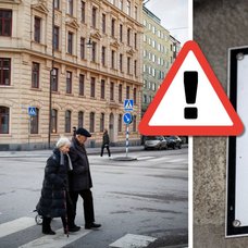 Ett äldre par och skyddsrum-skylt.