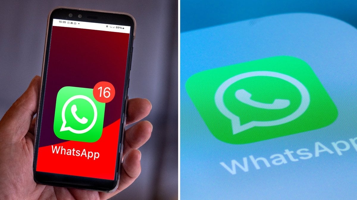 En person som håller i en mobil och WhatsApp loggan på en mobilskärm