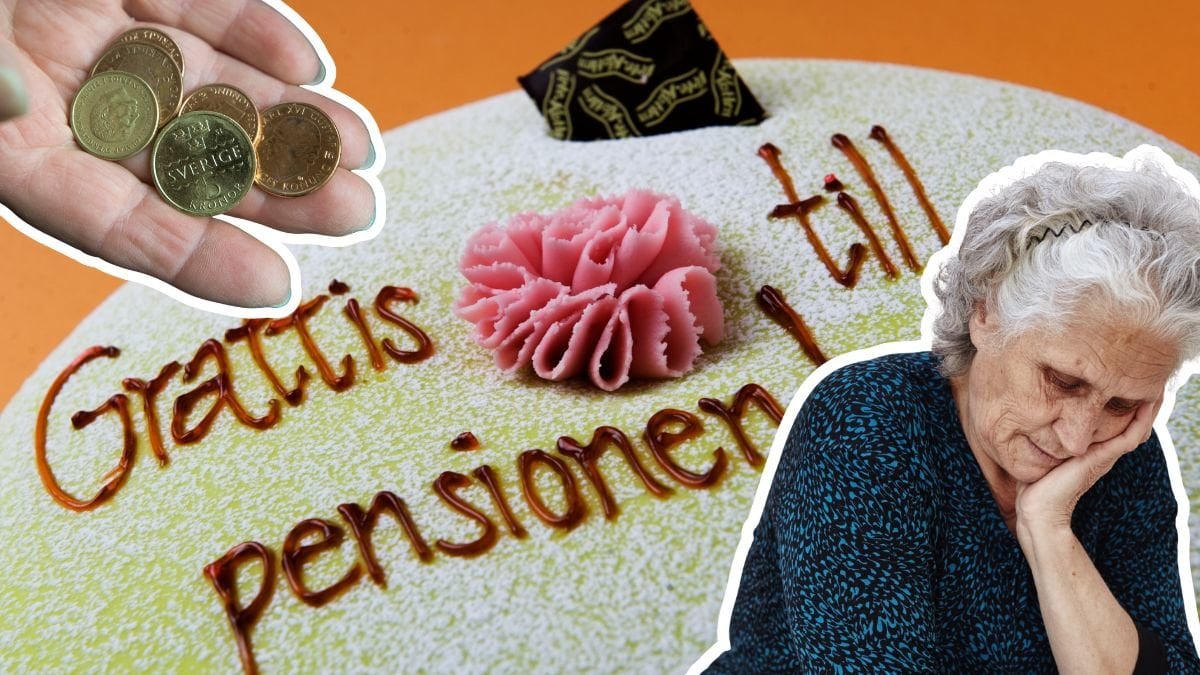 Grattis till pensionen-tårta, mynt i en hand och en leden kvinna.